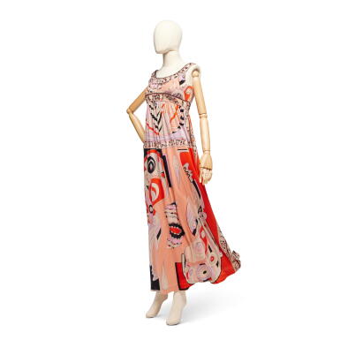 View full screen - View 1 of Lot 95. Embellished Printed Silk Jersey Gown, probably late 1960s-early 1970s.