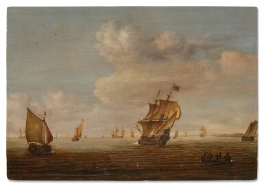 View full screen - View 1 of Lot 512. Coastal scene with a three-master and other vessels sailing in light winds.