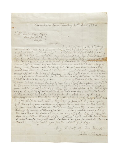 View full screen - View 1 of Lot 53. Brown, John | A remarkable letter leading up to the events of the Bleeding Kansas crisis.