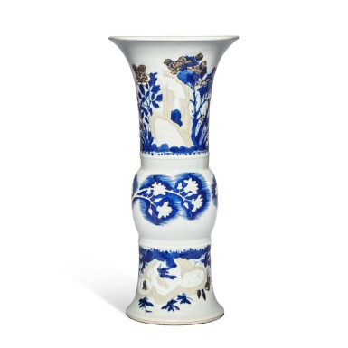 View full screen - View 1 of Lot 254. An underglaze-blue, copper-red and celadon-glazed 'butterfly and flower' beaker vase, Mark and period of Kangxi.