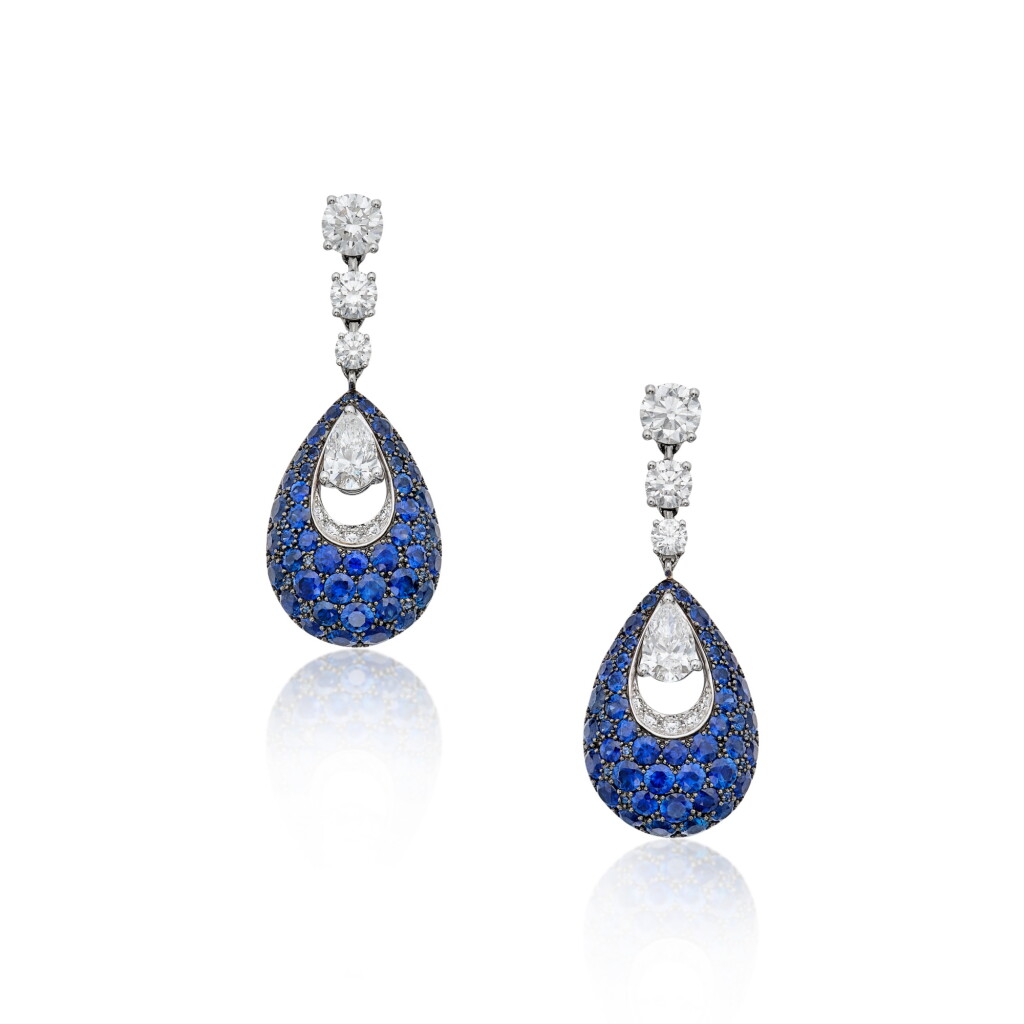 View full screen - View 1 of Lot 79. Pair of Sapphire and Diamond Pendant-Earrings.