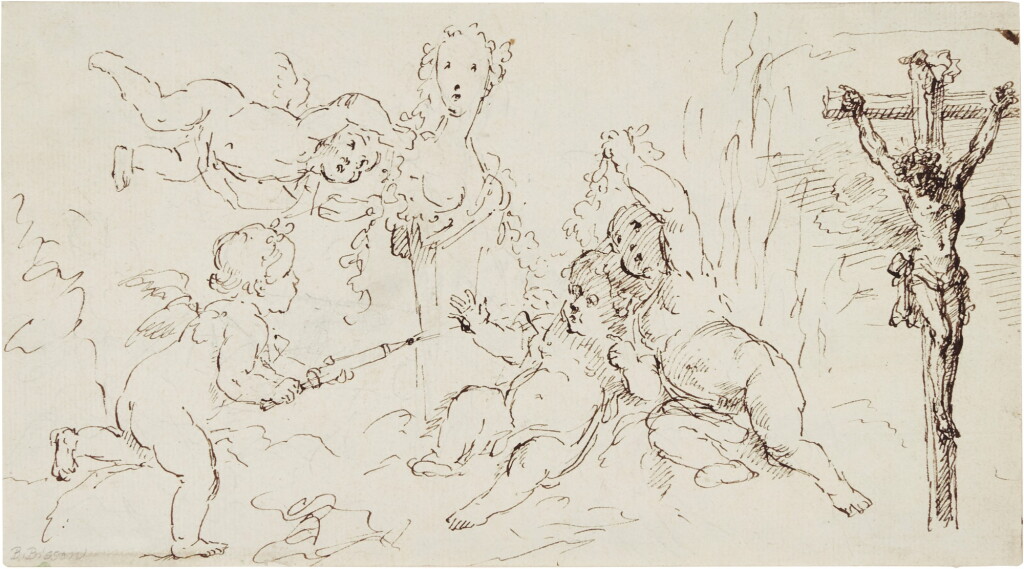View full screen - View 1 of Lot 231. VENETIAN SCHOOL, 18TH CENTURY | PUTTI PLAYING AROUND A STATUE AND A SEPARATE STUDY OF CHRIST ON THE CROSS.