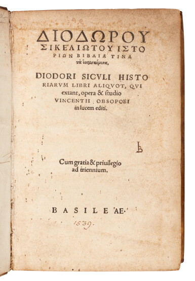 View full screen - View 1 of Lot 106. Diodorus Siculus, Historiarum libri, Basel, 1539, later vellum.