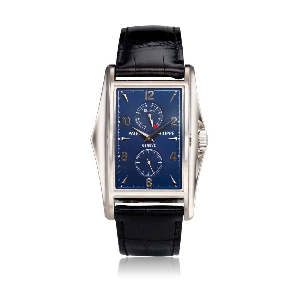 View full screen - View 1 of Lot 122. Reference 5100G-001 A limited edition white gold rectangular wristwatch with 10 day power reserve, Made to commemorate the millennium, Made in 2001.