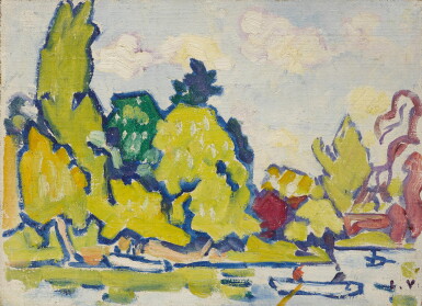 View full screen - View 1 of Lot 112. LOUIS VALTAT | BARQUES AU BOIS DE BOULOGNE, ARBRES JAUNES.