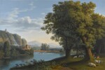 An Italianate river landscape in summer, with a capriccio of Tivoli to the left