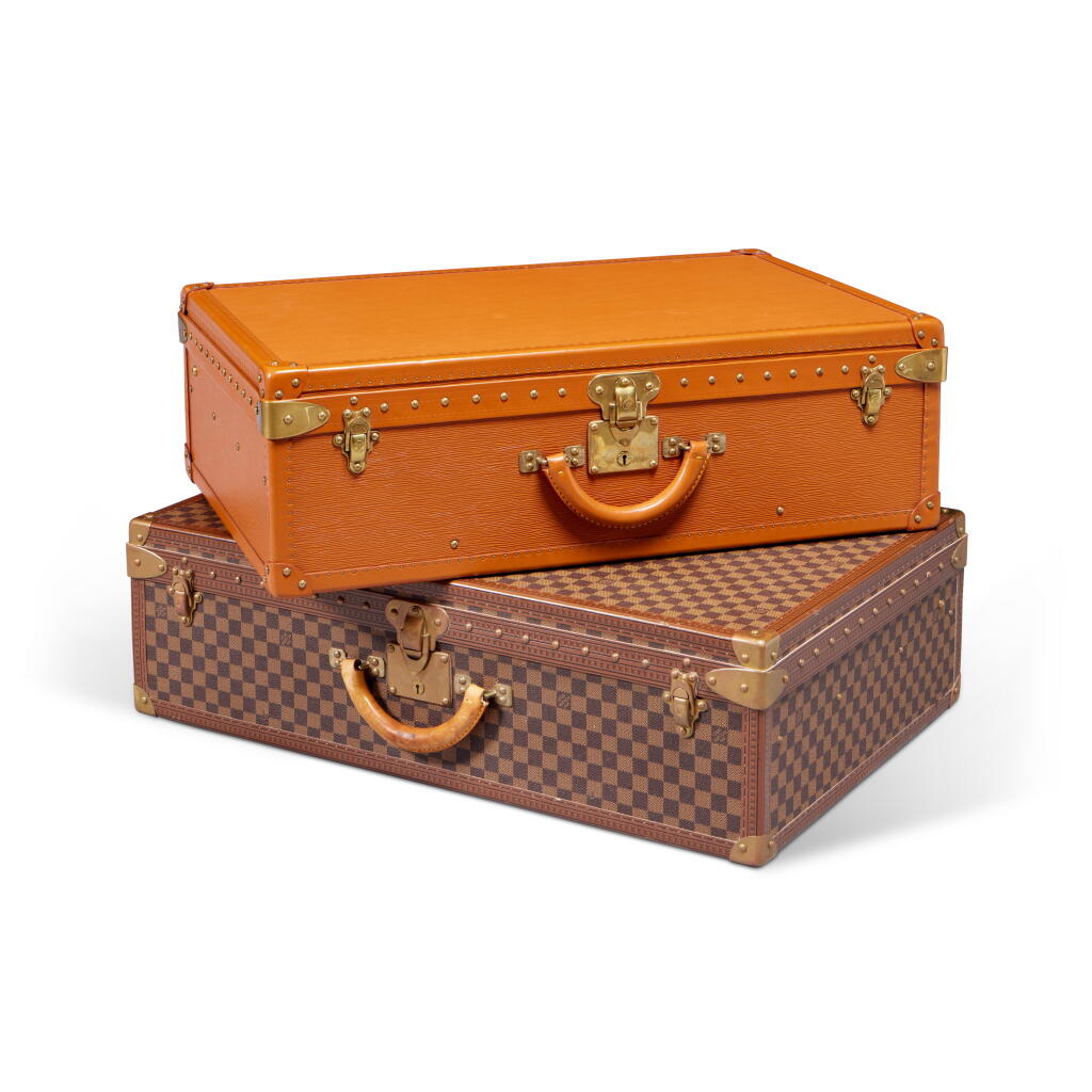 View full screen - View 1 of Lot 135. Set of Two Fawn Epi Leather Alzer 70 Trunk Brass Hardware and Vintage Ebene Damier Canvas Alzer 75 Trunk Brass Hardware.