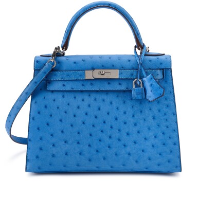 View full screen - View 1 of Lot 119. Bleu Mykonos Ostrich Kelly 28 Sellier Palladium Hardware, 2012.