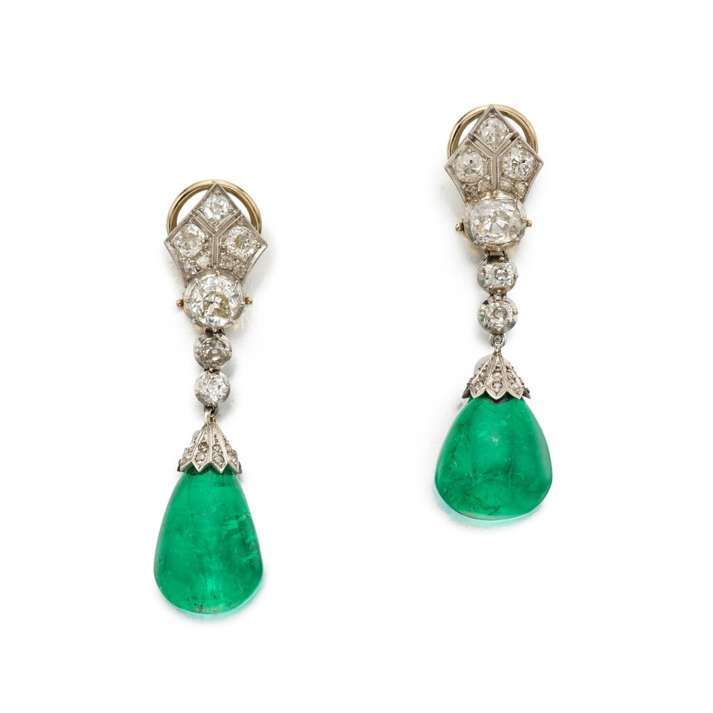 View full screen - View 1 of Lot 169. Pair of Emerald and Diamond Pendant-Earclips.
