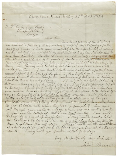 View full screen - View 1 of Lot 2176. Brown, John. Autograph letter signed, to T. w. Carter, 20 February 1856, about the situation in Kansas.