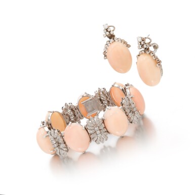 View full screen - View 1 of Lot 141. Coral and diamond bracelet and earrings (Orecchini e bracciale in corallo e diamanti).