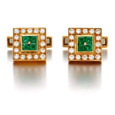 View full screen - View 1 of Lot 69. Pair of emerald and diamond cufflinks.