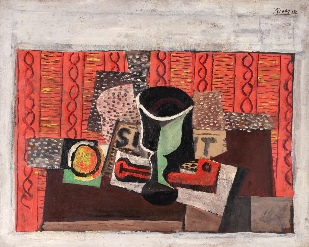View full screen - View 1 of Lot 124. Fruits, journal, verre, pipe.
