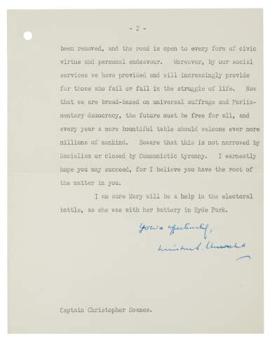 View full screen - View 1 of Lot 25. Churchill, typed letter signed, to his son-in-law Christopher Soames, 15 February 1950.