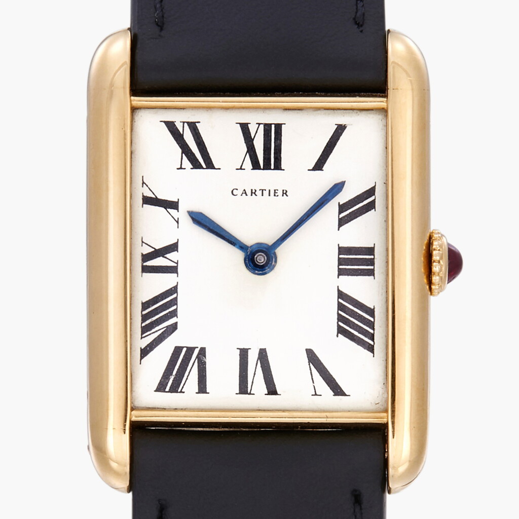 View full screen - View 1 of Lot 143. Tank J.J.C. | A yellow gold rectangular wristwatch with gold deployant buckle | Made in 1963-64.