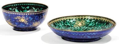 View full screen - View 1 of Lot 136. BOL ET COUPELLE EN ÉMAUX DE BASSE-TAILLE DYNASTIE QING, XVIIIE SIÈCLE | 清十八世紀 透明琺瑯貼金片暗八仙花卉紋盌及盤一組兩件 | A gold foil-decorated basse-taille enamel bowl and dish, Qing Dynasty, 18th century.