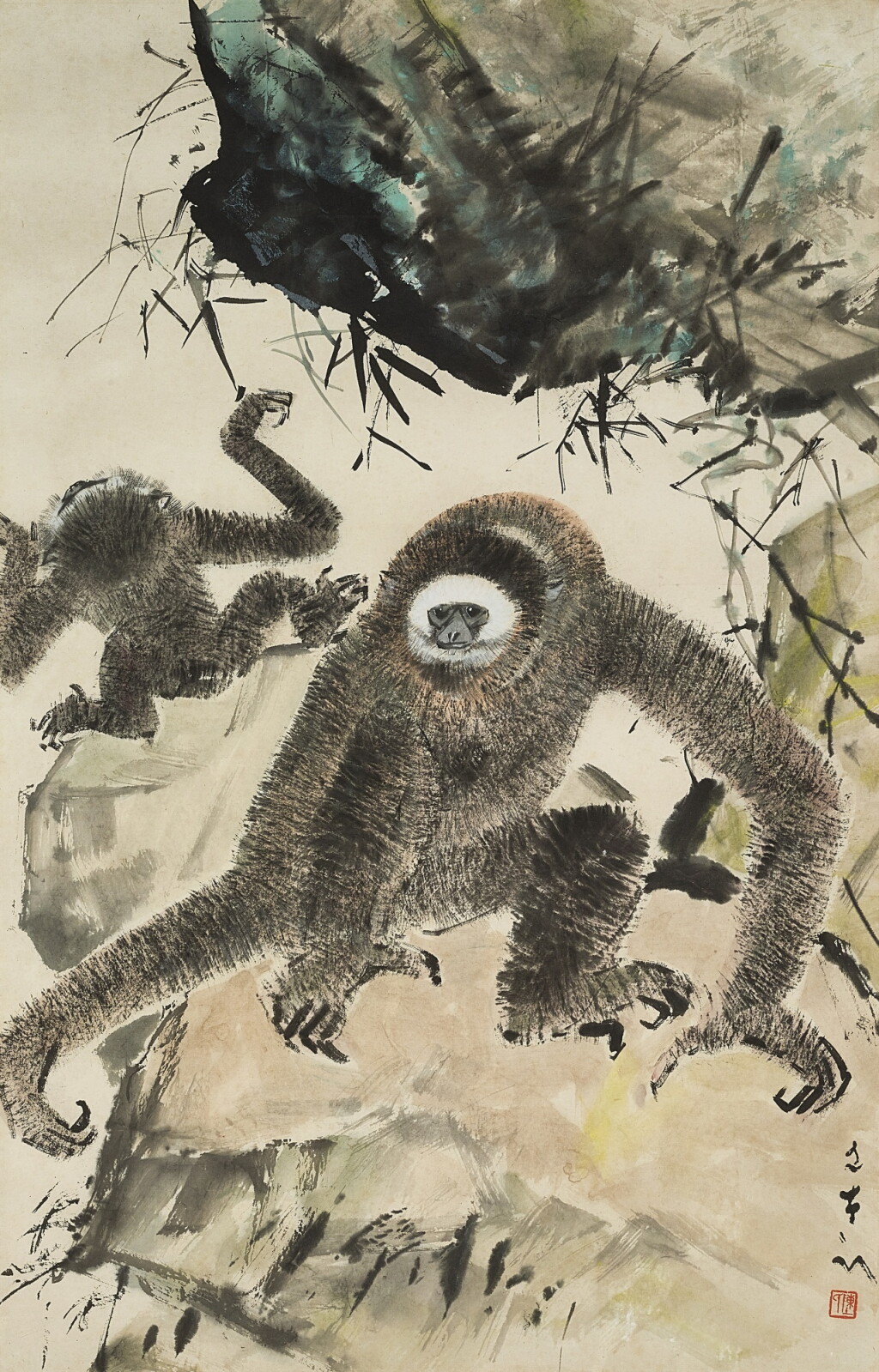 View full screen - View 1 of Lot 2020. Chen Wen Hsi 陳文希 | Gibbon resting on rock 岩石上的長臂猿.