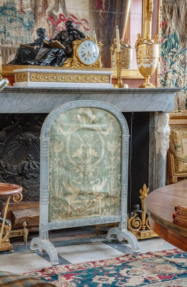 View full screen - View 1 of Lot 60. A Louis XVI blue and white painted wood fire screen, stamped by Georges Jacob, delivered for Queen Marie-Antoinette's private apartments at Versailles | Ecran de cheminée royal en bois laqué bleu rechampi gris d'époque Louis XVI, estampille de Georges Jacob, provenant du petit appartement de la reine Marie-Antoinette à Versailles.