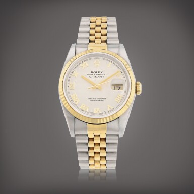 View full screen - View 1 of Lot 144. Datejust 'Pyramid dial', reference 16233 Montre bracelet en acier et or jaune avec date | Stainless steel and yellow gold wristwatch with date and bracelet Vers 1988 | Circa 1988.