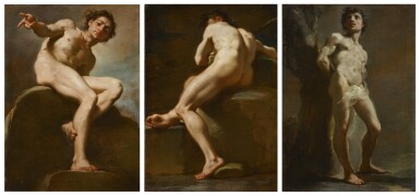 View full screen - View 1 of Lot 339. Three Academic Studies: Male Nude Seated on a Rock; Male Nude Seen from Behind, Leaning on a Rock; Male Nude Seen from the Front, St. Sebastian.