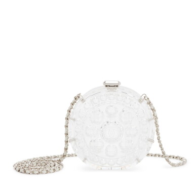 View full screen - View 1 of Lot 187. Clear Acrylic and Silver Leather Round Minaudière Silver Hardware, 2018.