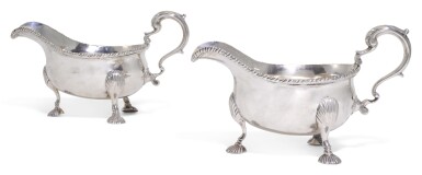 View full screen - View 1 of Lot 71. A PAIR OF GEORGE II SILVER SAUCEBOATS, MAKER'S MARK W.(?), LONDON, 1755.