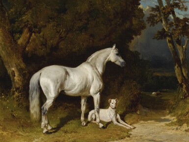 View full screen - View 1 of Lot 867. Alfred De Dreux | ETALON GRIS ET LÉVRIER (COUCHÉ AU BORD DE L'ALLÉE).