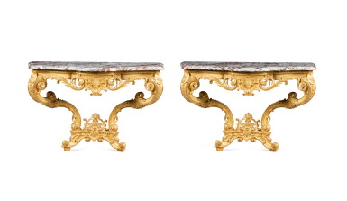 View full screen - View 1 of Lot 358. A pair of Régence giltwood consoles, in the manner of Jules Degoullons, circa 1720 | Paire de consoles en bois doré d'époque Régence, à la manière de Jules Degoullons, vers 1720.