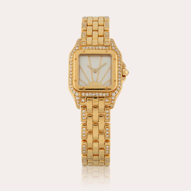 View full screen - View 1 of Lot 250. Panthère 'Sunrise', Reference 866919 | A yellow gold and diamond-set wristwatch with bracelet and mother-of-pearl dial | Circa 1995.