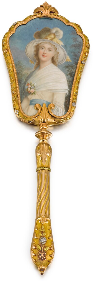 View full screen - View 1 of Lot 88. A FOUR-COLOUR GOLD AND IVORY HAND MIRROR, FRENCH, LATE 19TH CENTURY.