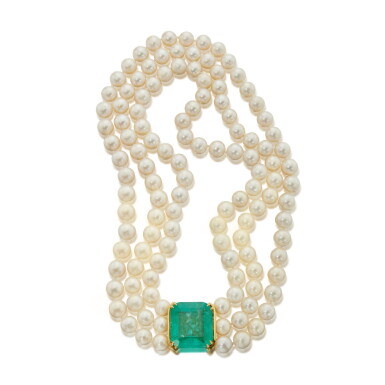 View full screen - View 1 of Lot 539. Cultured Pearl and Emerald Necklace.