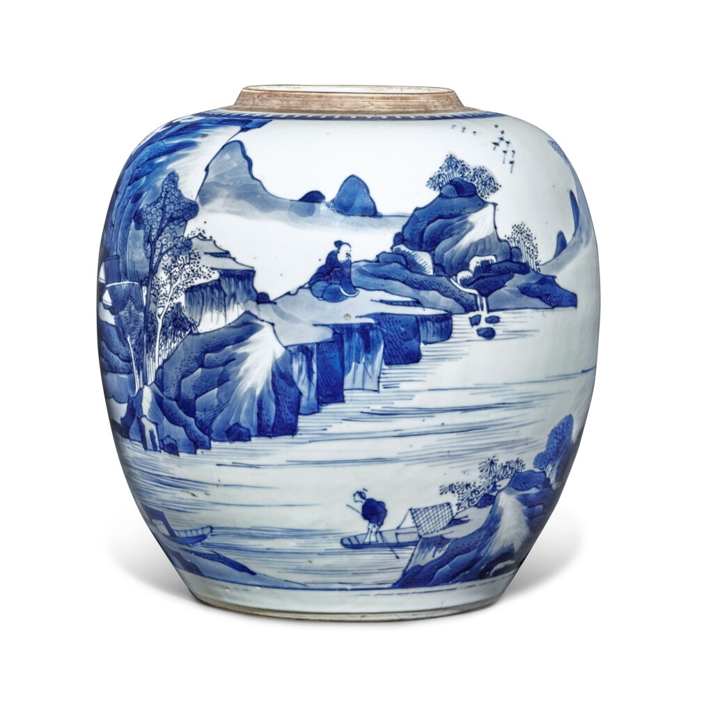 View full screen - View 1 of Lot 137. A blue and white 'landscape' jar, Qing dynasty, Kangxi period.
