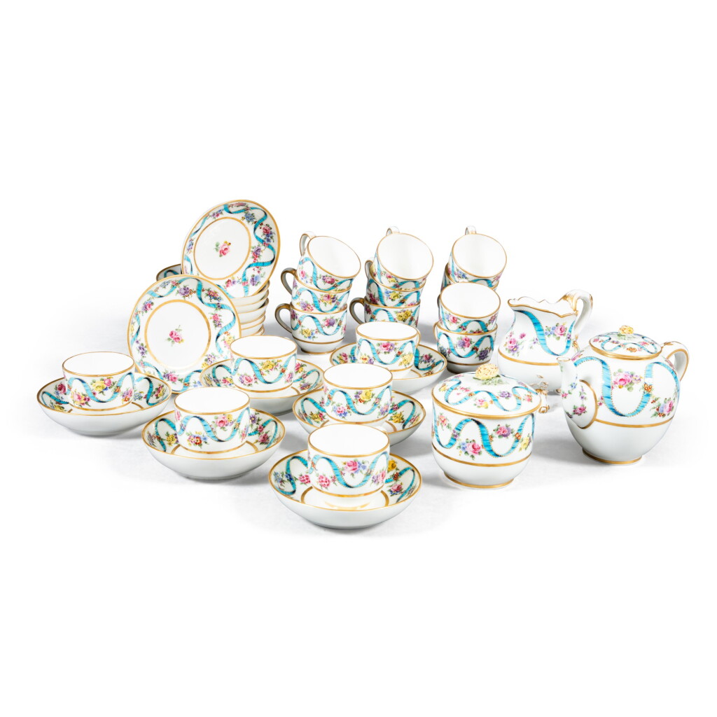 View full screen - View 1 of Lot 566. A Sèvres porcelain part tea service `à rubans bleu céleste', 1770-1771.