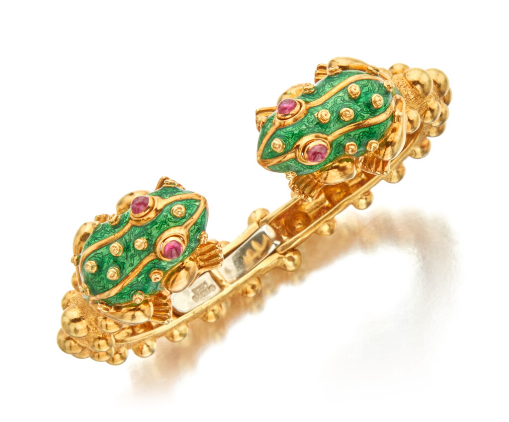 View full screen - View 1 of Lot 7. GOLD, RUBY AND ENAMEL BRACELET, DAVID WEBB.