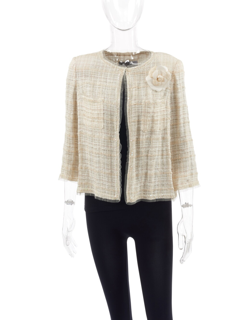 View full screen - View 1 of Lot 44. CHANEL | CREAM AND IVORY TWEED JACKET WITH CAMELLIA BROOCH .