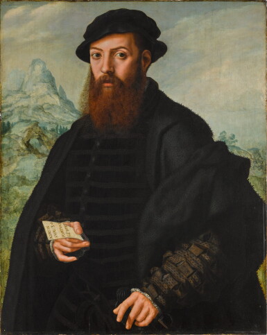 View full screen - View 1 of Lot 5. Portrait of a bearded gentleman, aged 34, in front of an extensive landscape .