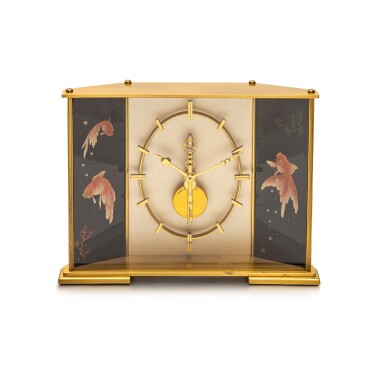 View full screen - View 1 of Lot 9380. Jaeger-LeCoultre | A gilt brass table clock with 8 days power reserve and painted koi carp panels, Circa 1960 | 積家 | 鍍金銅製座鐘,備8天動力儲備顯示及錦鯉繪畫,約1960年製.