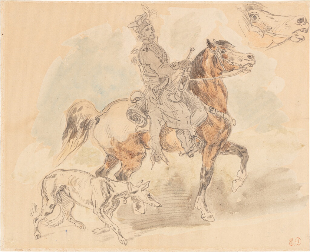 View full screen - View 1 of Lot 322. A Bugler on horseback, accompanied by a hound | Joueur de clairon à cheval accompagné d'un chien de chasse.
