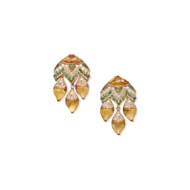 View full screen - View 1 of Lot 270. PAIR OF CITRINE, TOURMALINE AND DIAMOND 'MAMMA PESCE' EARCLIPS, BULGARI.