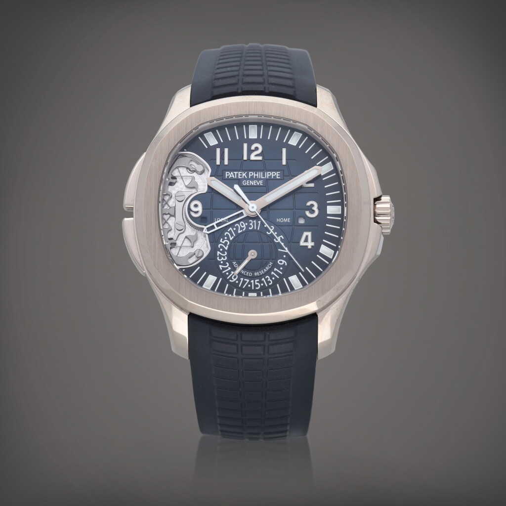 View full screen - View 1 of Lot 12. Aquanaut Travel Time 'Advanced Research', Reference 5650G-001 An exceptionally rare white gold open-work dual time zone wristwatch with date, day/night indication and factory error dial Circa 2017 | 百達翡麗 | Aquanaut Travel Time 'Advanced Research' 型號 5650G-001 極罕有白金鏤空兩地時間腕錶備日期、晝夜顯示及原廠錯版錶盤,製作年份約 2017.