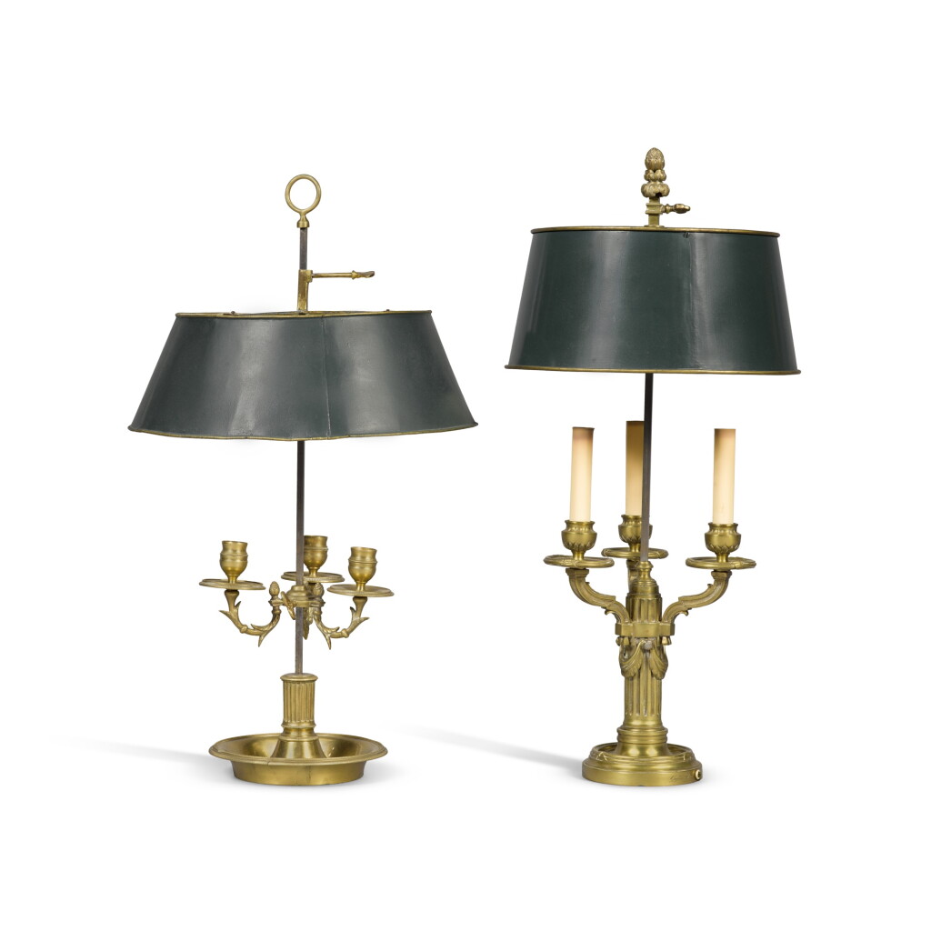 View full screen - View 1 of Lot 261. Two French Gilt-Bronze Bouillotte Lamps with Green Tôle Shades, 19th Century .