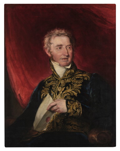 View full screen - View 1 of Lot 501. Portrait of Sir William Hamilton (1730–1803), half-length, wearing diplomatic uniform, with decorative gold frogging, holding a letter in his left hand.