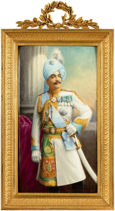 View full screen - View 1 of Lot 120. An enamel portrait of Maharaja Pratap Singh, signed by Raoul Hideux, Paris, early 20th century.