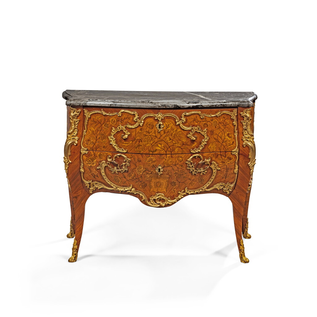 View full screen - View 1 of Lot 373. A Louis XV mounted tulipwood and kingwood marquetry commode, circa 1750-1760, stamped by Jacques Dubois.