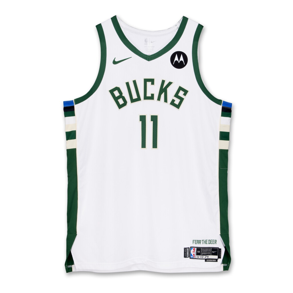 View full screen - View 1 of Lot 67. Brook Lopez Milwaukee Bucks 2024-2025 Kia NBA Tip-Off Game Worn Association Edition Jersey | 6 Blocks.