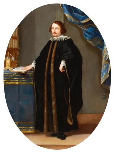 View full screen - View 1 of Lot 5. FLEMISH SCHOOL, CIRCA 1640 | A portrait of a physician in his study, wearing a fur-trimmed cloak and resting his hand on an anatomy book laid out on a table with other books and a fine ormolu clock.