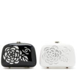 Set of Two Black, White, and Silver Lambskin Plexiglass Cutout Camellia Minaudiere Clutches Silver Hardware, 2006-2008