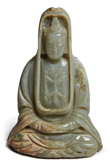 View full screen - View 1 of Lot 1172. A CELADON JADE FIGURE OF GUANYIN, 19TH / 20TH CENTURY .