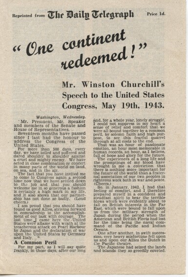View full screen - View 1 of Lot 61. Winston S. Churchill | "One Continent Redeemed!" Mr. Winston Churchill’s Speech to the United States Congress'. London: St. Clement’s Press, 1943.