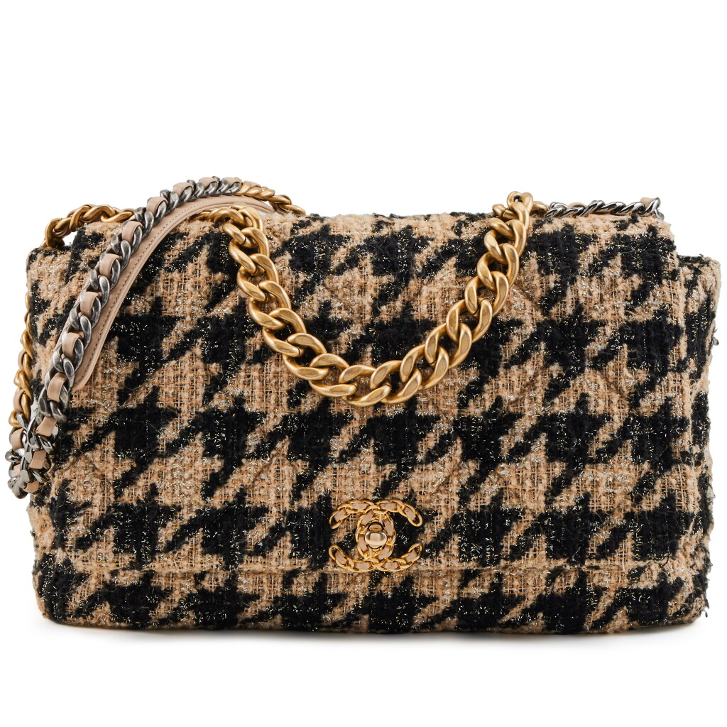View full screen - View 1 of Lot 156. Beige, Black and Metallic Houndstooth Tweed Quilted Maxi 19 Flap Aged Gold and Ruthenium Hardware, 2019.